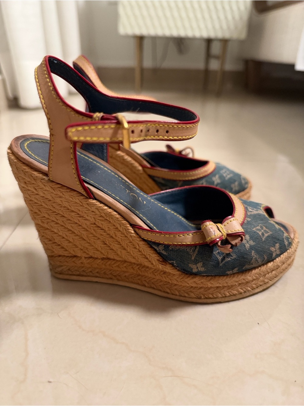 Louis Vuitton Denim Monogram Espadrille Wedge Sandals in Blue and Tan